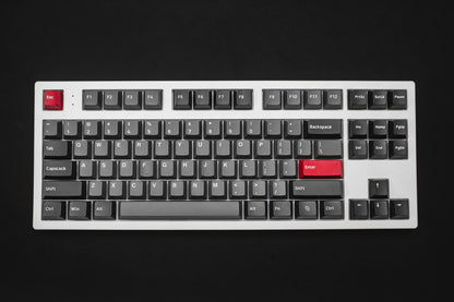 Close-up of Vortex Pro keycaps with red accent keys